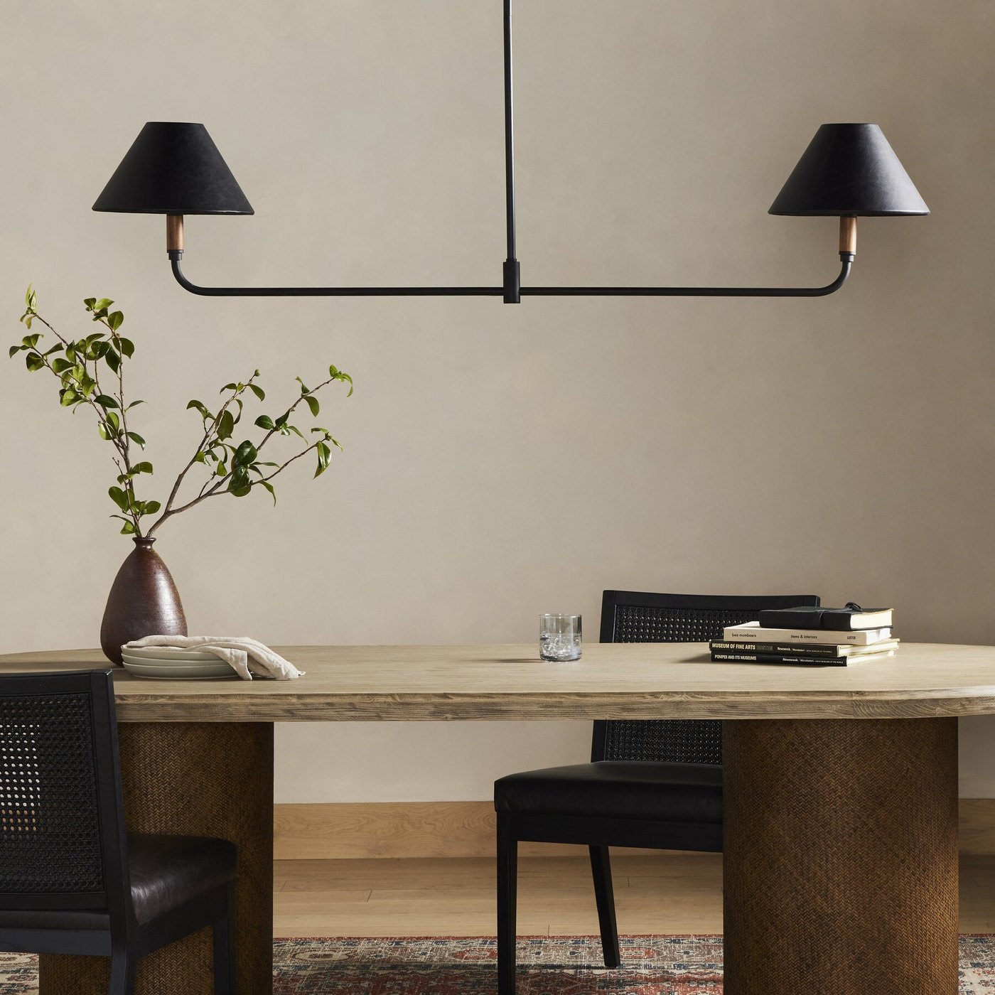 Cullen Linear Double Pendant in Black Leather