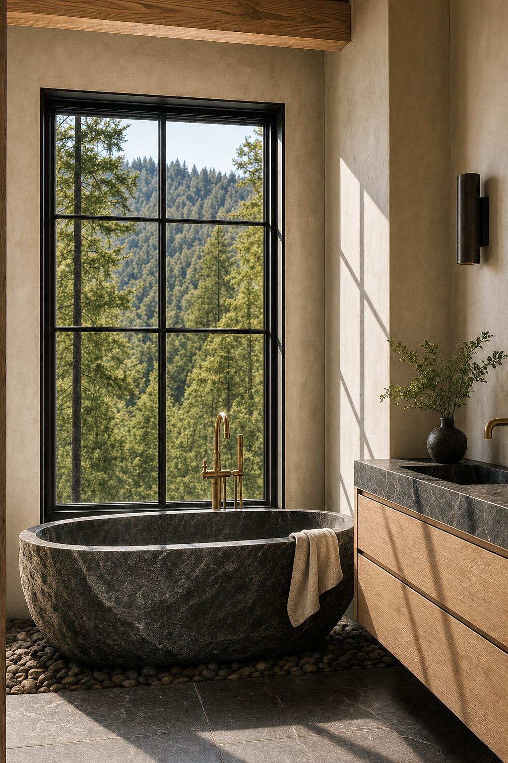 Study: a honed stone soaking tub beside a steel-framed window, morning sun across the white oak vanity and limewash plaster walls