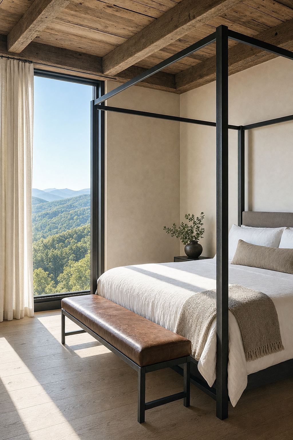 Study: a blackened steel canopy bed dressed in Belgian linen with sun across the floor and clear blue ridgelines through the glass