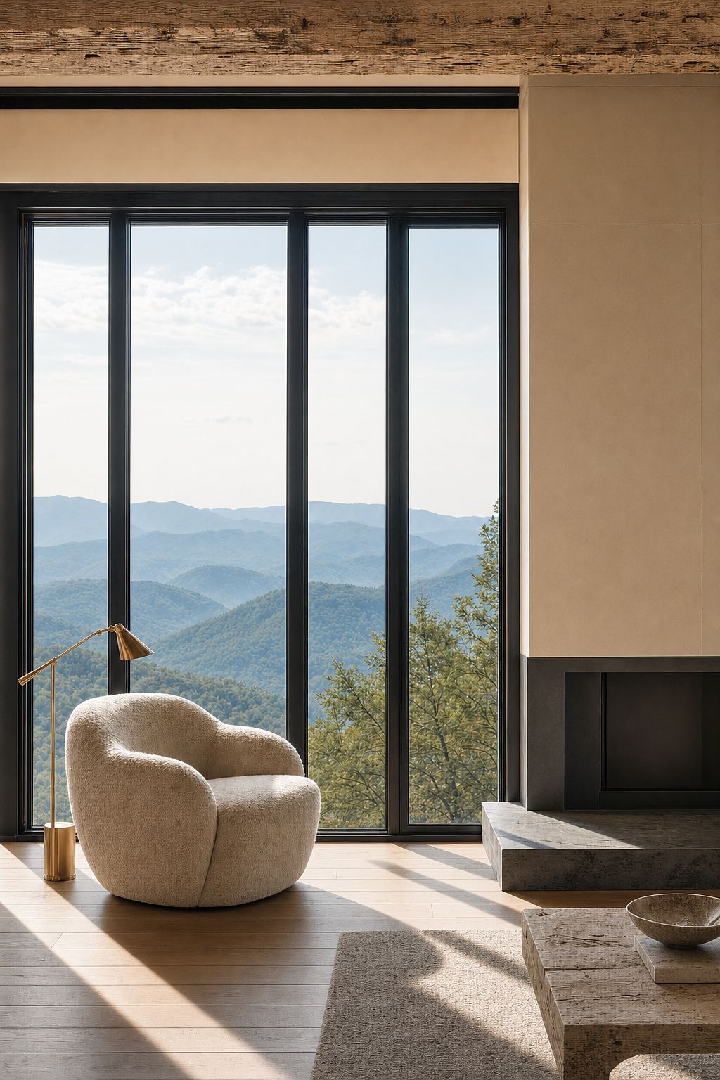 Study: a wool bouclé lounge chair on sunlit white oak beside a blackened steel fireplace, layered blue ridgelines beyond full-height glazing