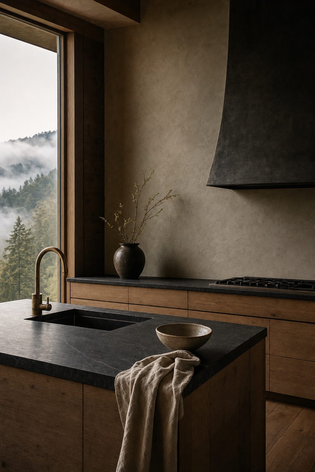 Study: a honed soapstone counter with an unlacquered brass tap, white oak cabinetry and a blackened steel hood in flat overcast light