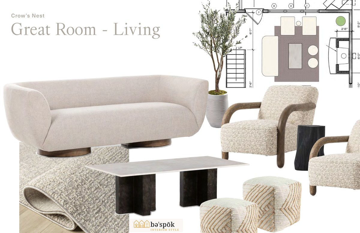 Selections board for the great room living area at Crow's Nest, showing specified furniture pieces and the marked floor plan