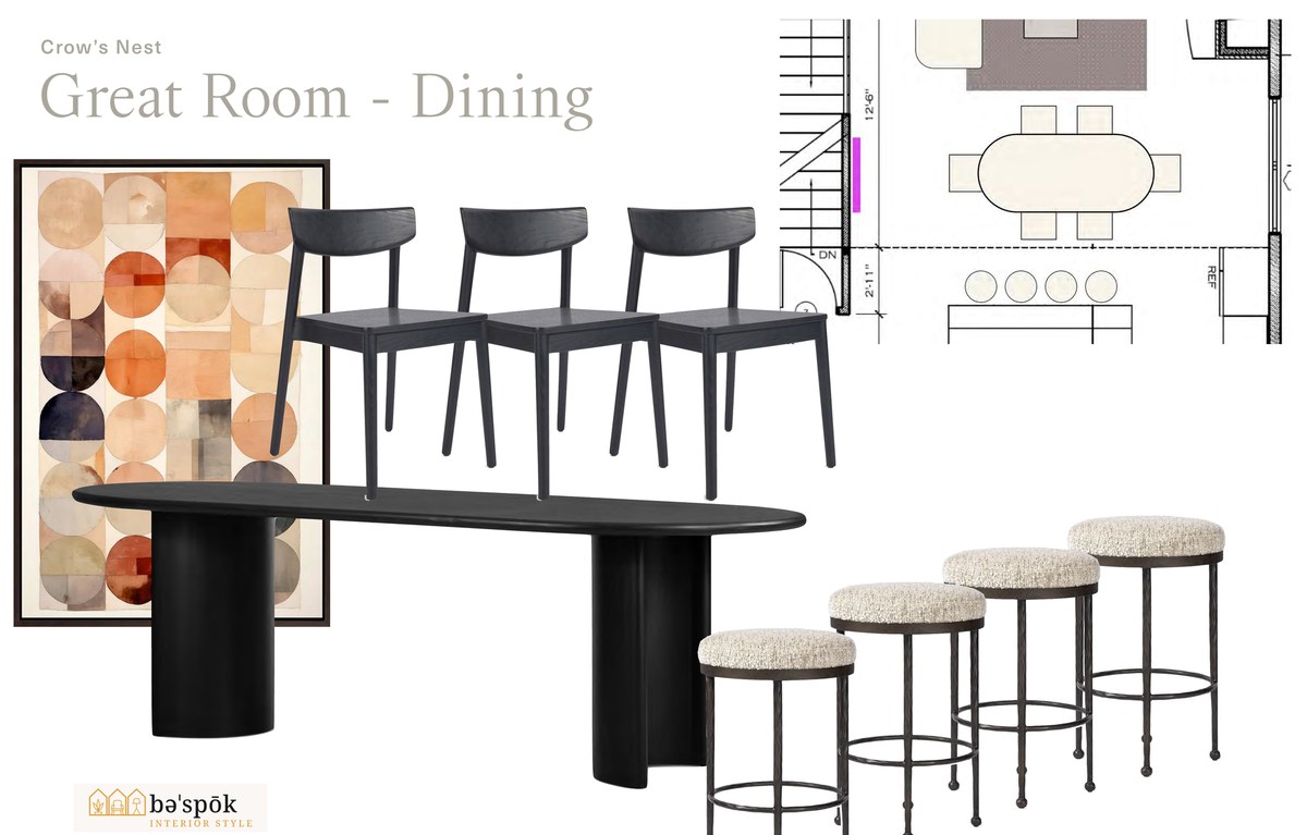 Selections board for the great room dining area at Crow's Nest, showing specified furniture pieces and the marked floor plan