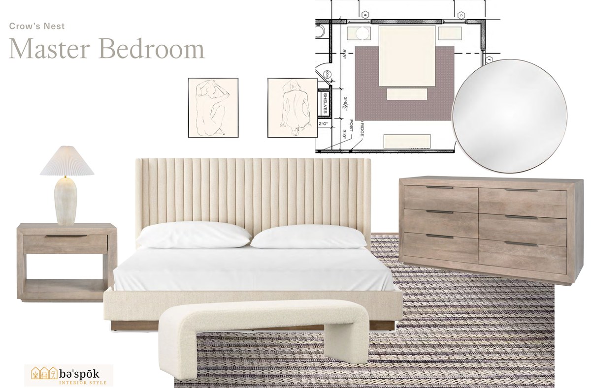 Selections board for the master bedroom at Crow's Nest, showing specified furniture pieces and the marked floor plan