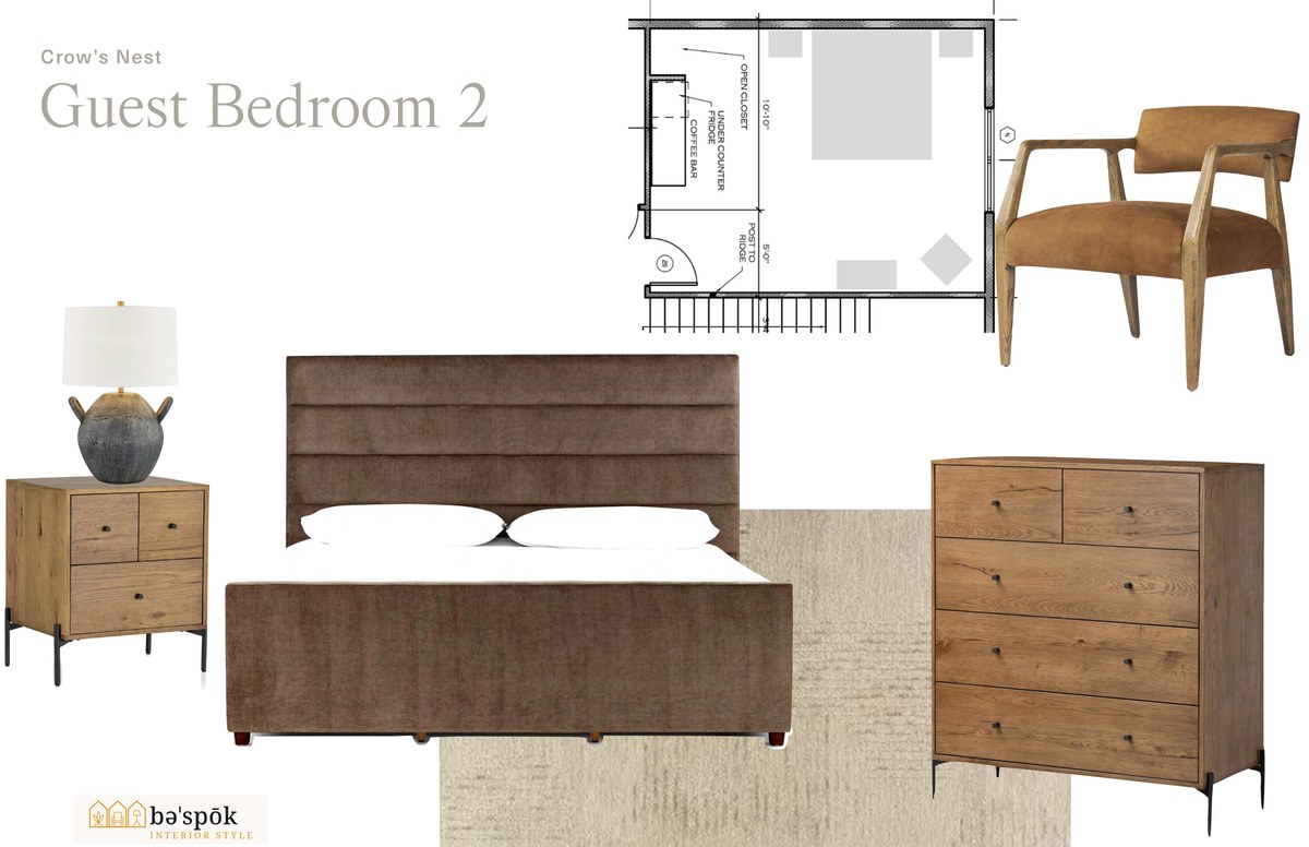 Selections board for the second guest bedroom at Crow's Nest, showing specified furniture pieces and the marked floor plan