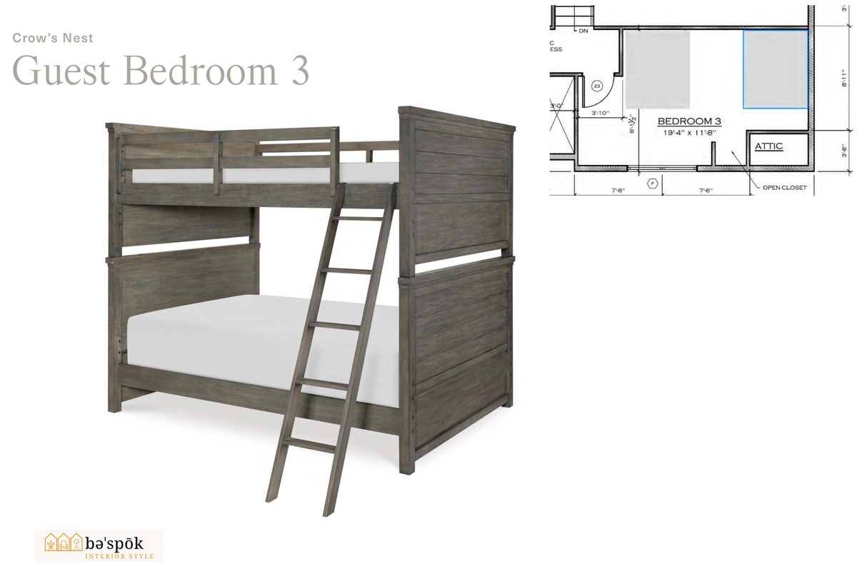 Selections board for the third guest bedroom at Crow's Nest, showing specified furniture pieces and the marked floor plan