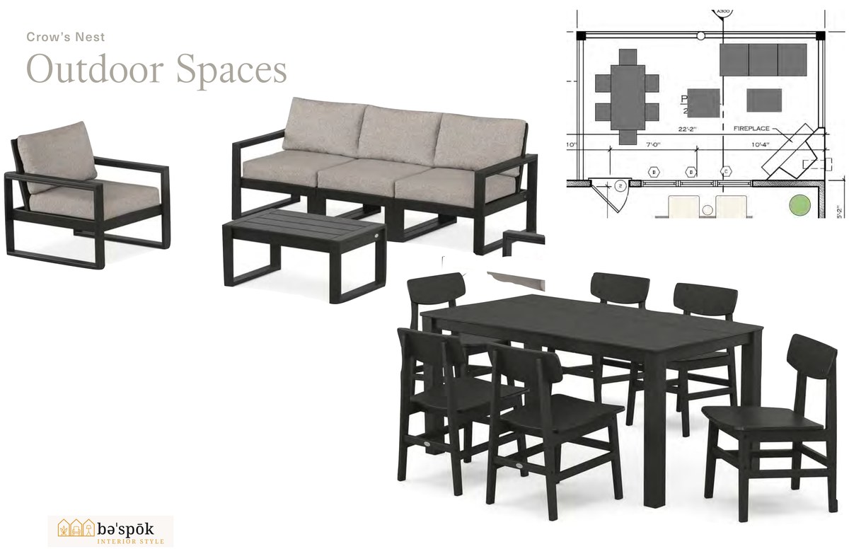 Selections board for the main-level outdoor spaces at Crow's Nest, showing specified furniture pieces and the marked floor plan