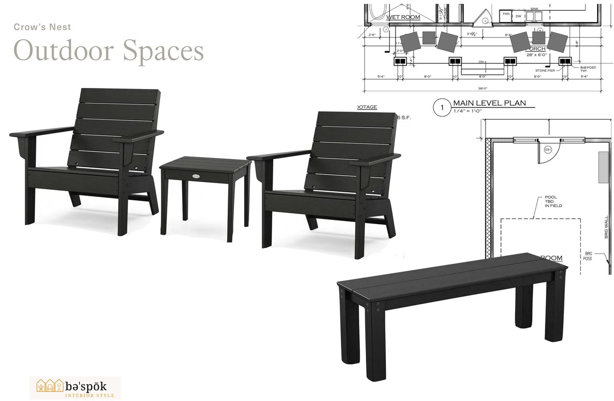 Selections board for the upper-level outdoor spaces at Crow's Nest, showing specified furniture pieces and the marked floor plan