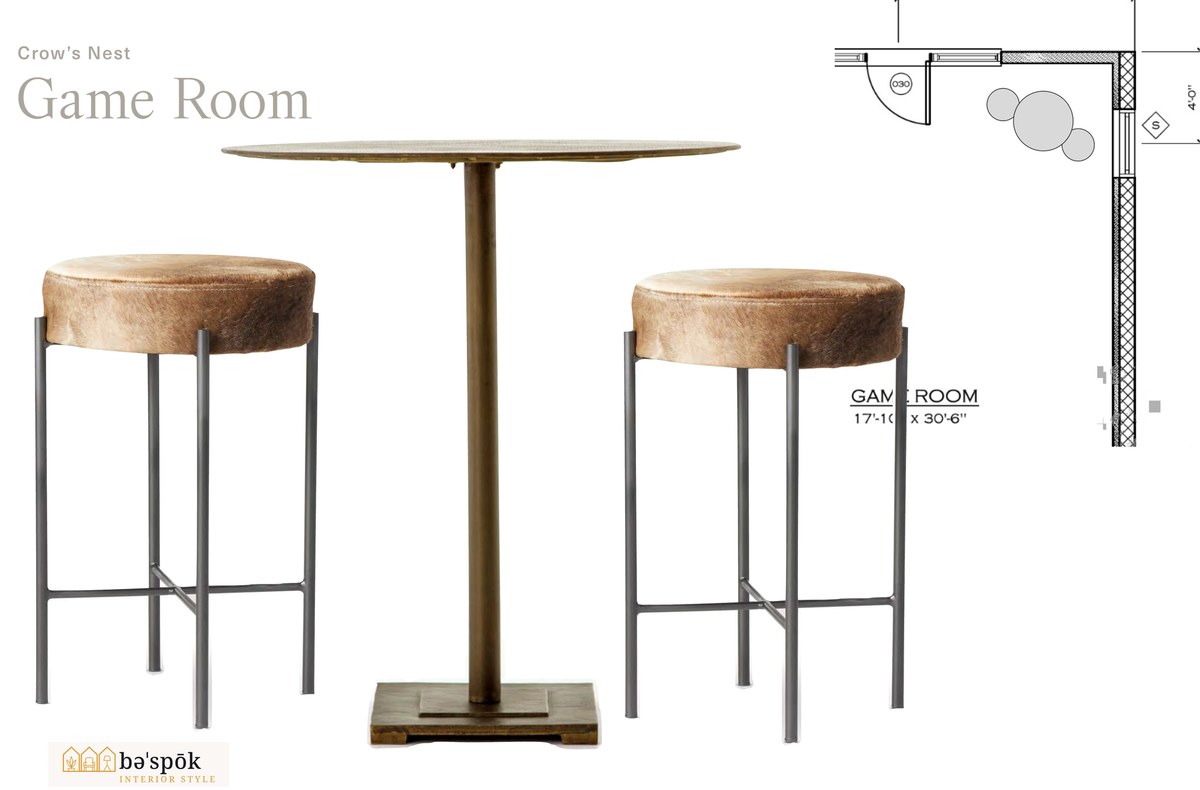 Selections board for the game room at Crow's Nest, showing specified furniture pieces and the marked floor plan