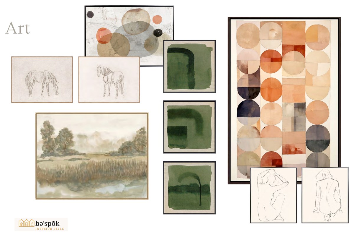 Selections board for the art program at Crow's Nest, showing specified furniture pieces and the marked floor plan