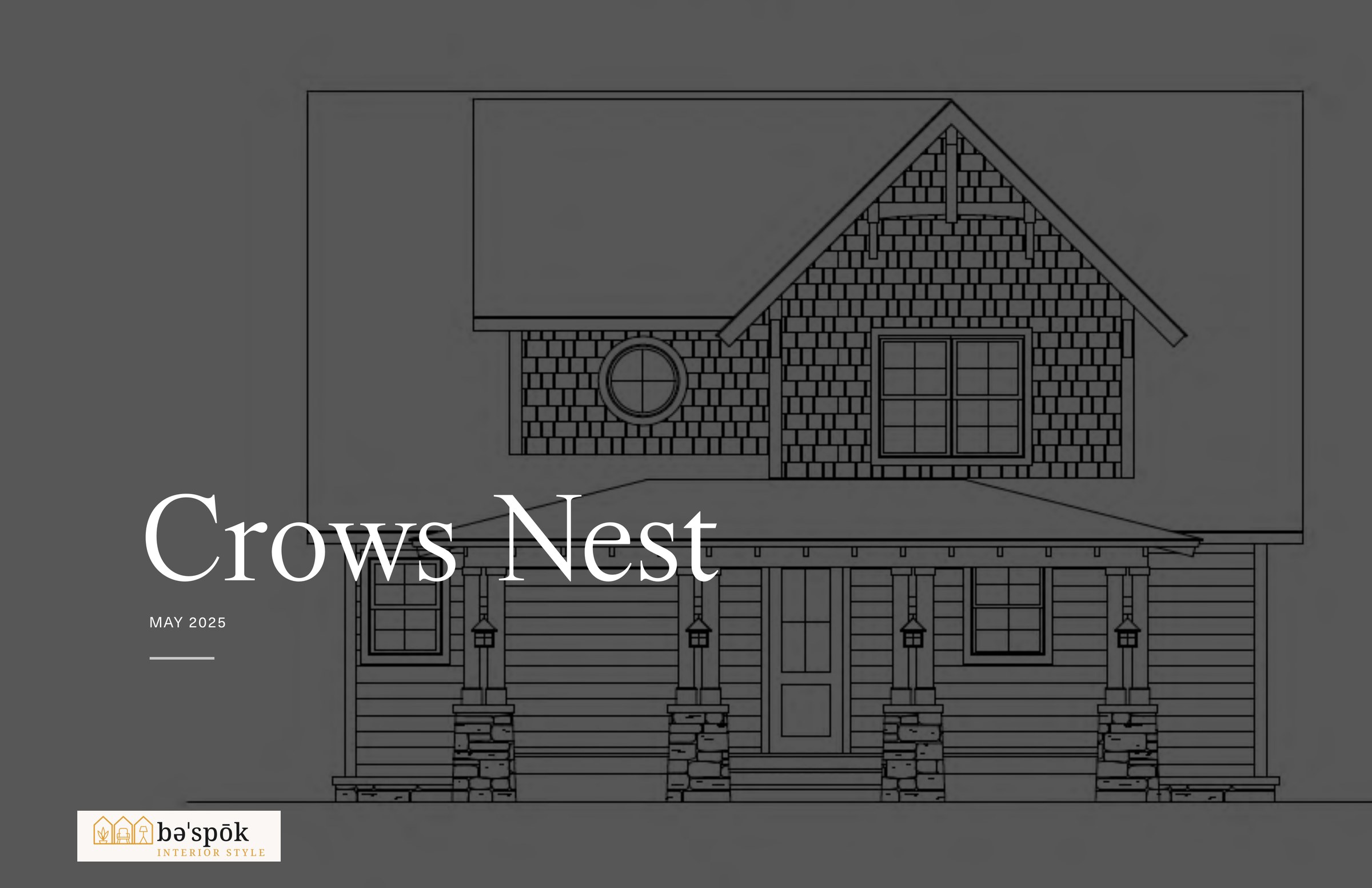 Architectural elevation drawing of the Crow's Nest cabin, showing the gabled roofline, stone base and covered porch