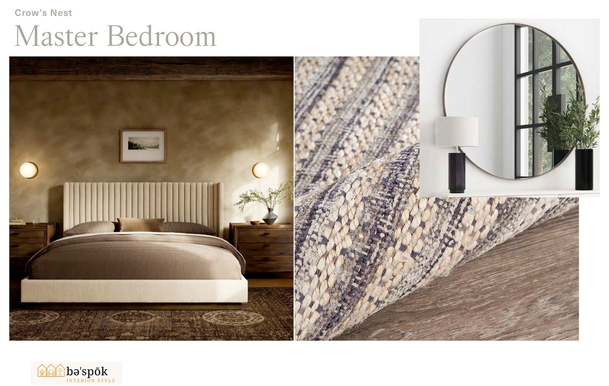 Reference photography used to set the direction for the master bedroom at Crow's Nest · not a photograph of the property