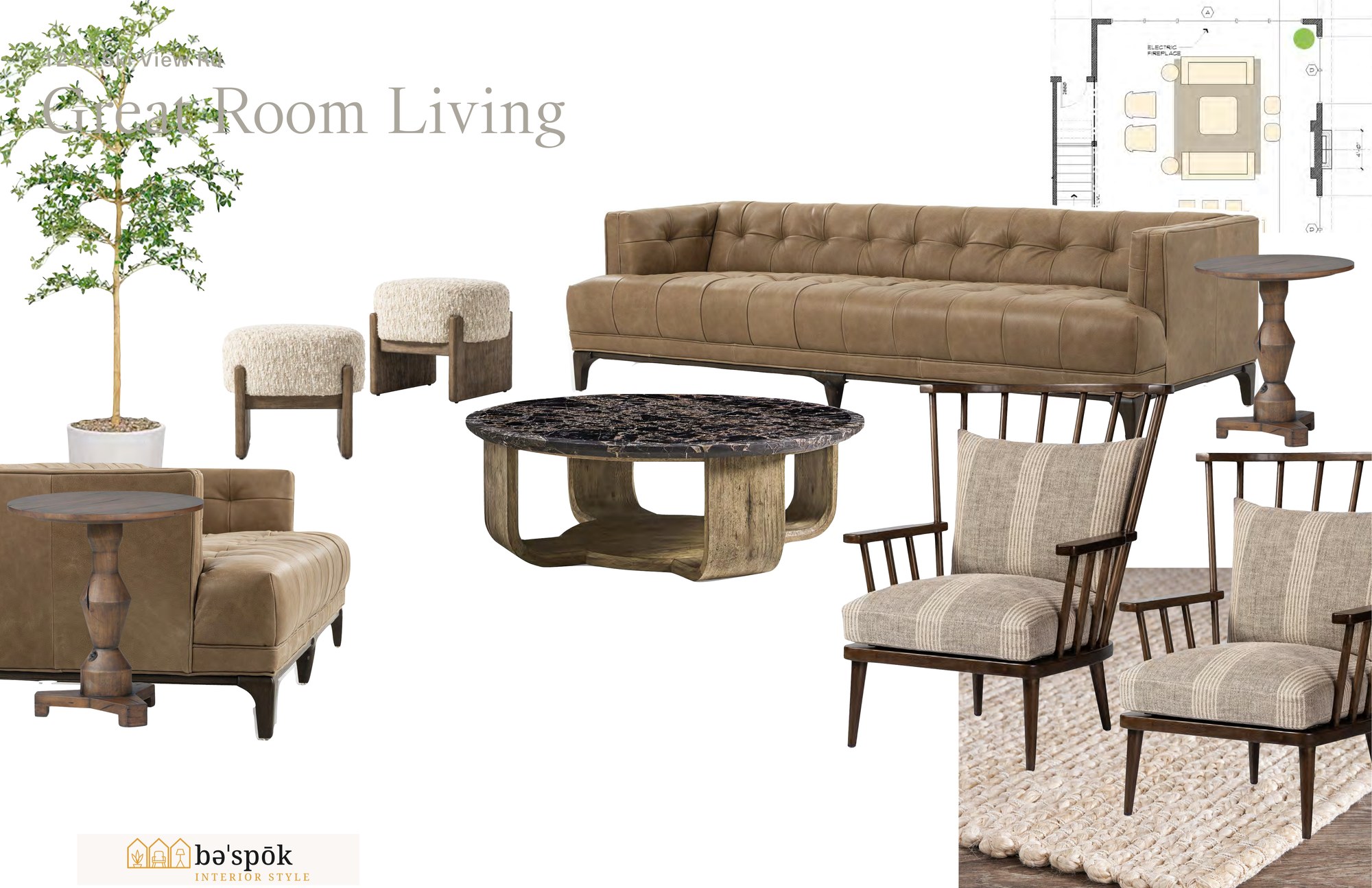 Selections board for the great room living area, showing specified furniture pieces and the marked floor plan