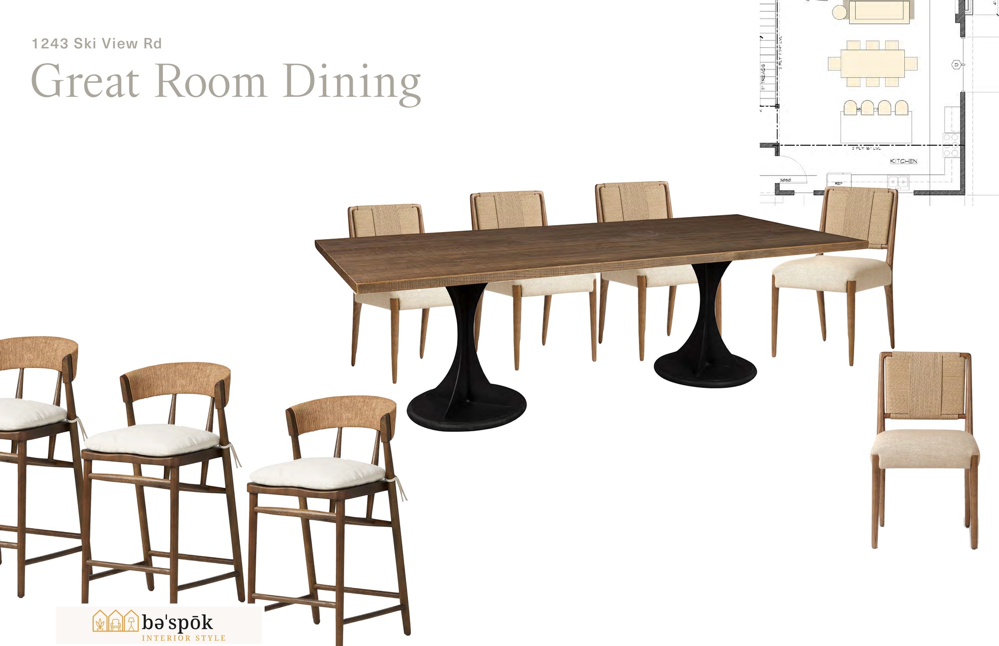Selections board for the great room dining area, showing specified furniture pieces and the marked floor plan