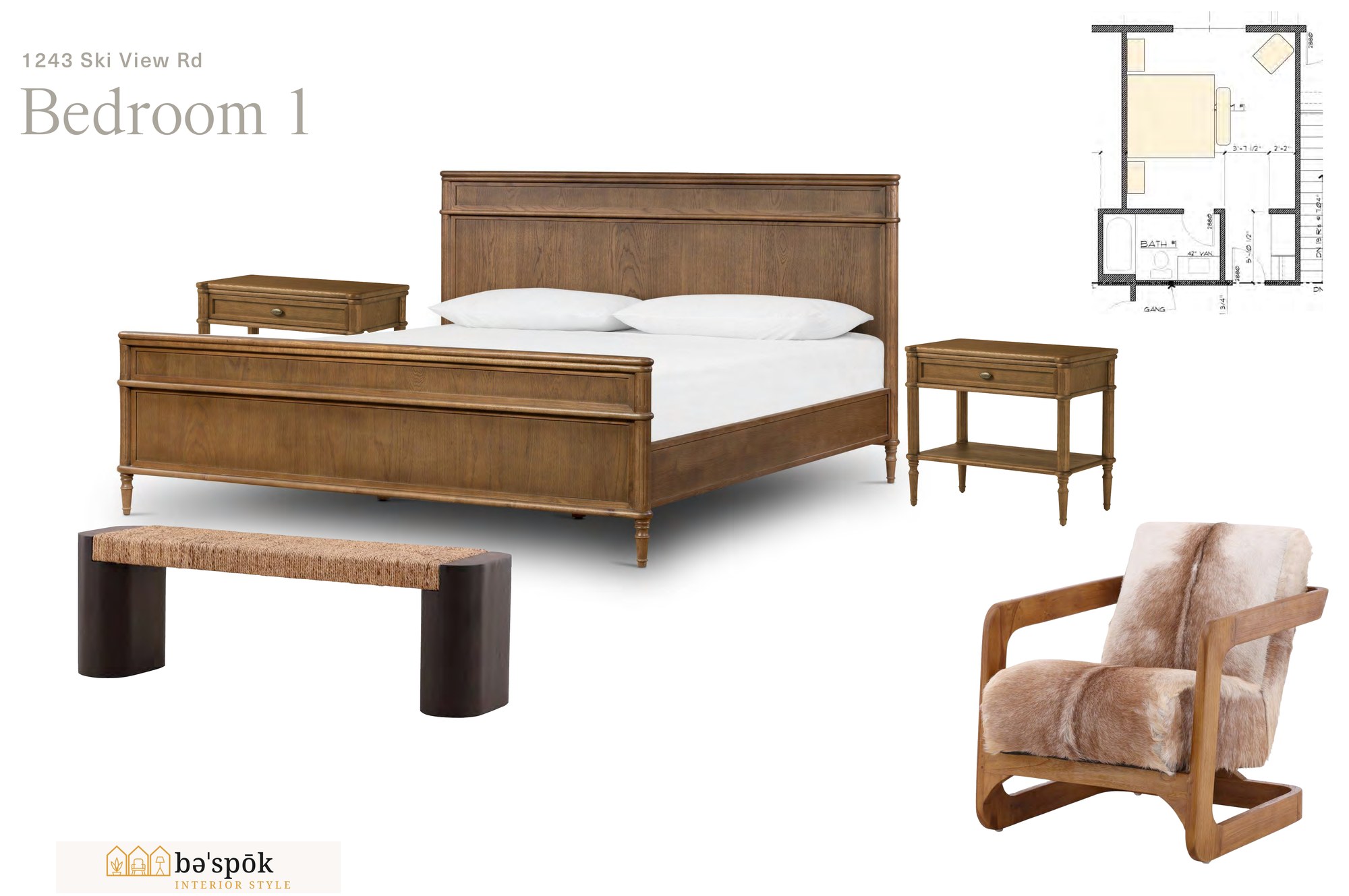 Selections board for bedroom 1, showing specified furniture pieces and the marked floor plan