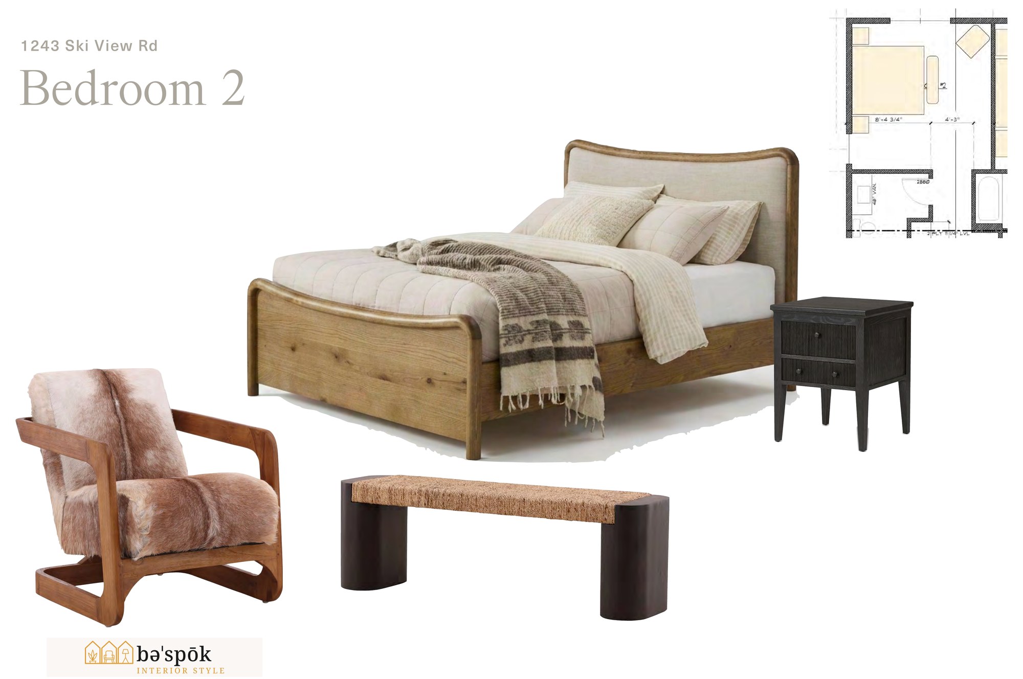 Selections board for bedroom 2, showing specified furniture pieces and the marked floor plan