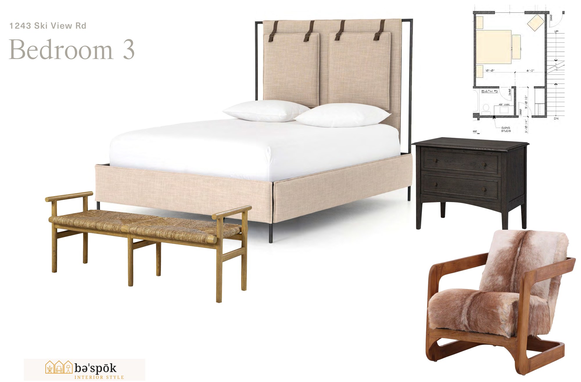 Selections board for bedroom 3, showing specified furniture pieces and the marked floor plan