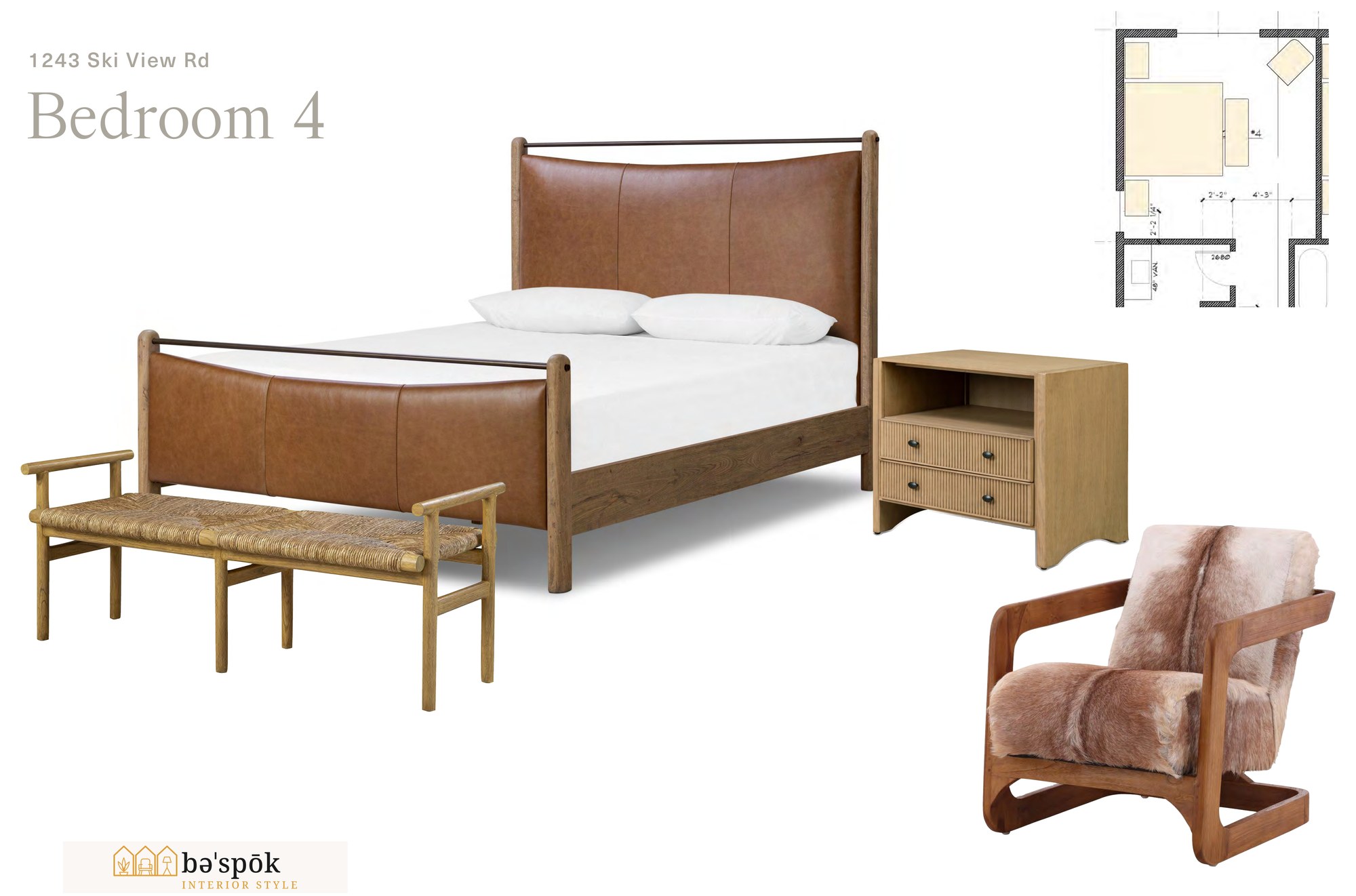 Selections board for bedroom 4, showing specified furniture pieces and the marked floor plan