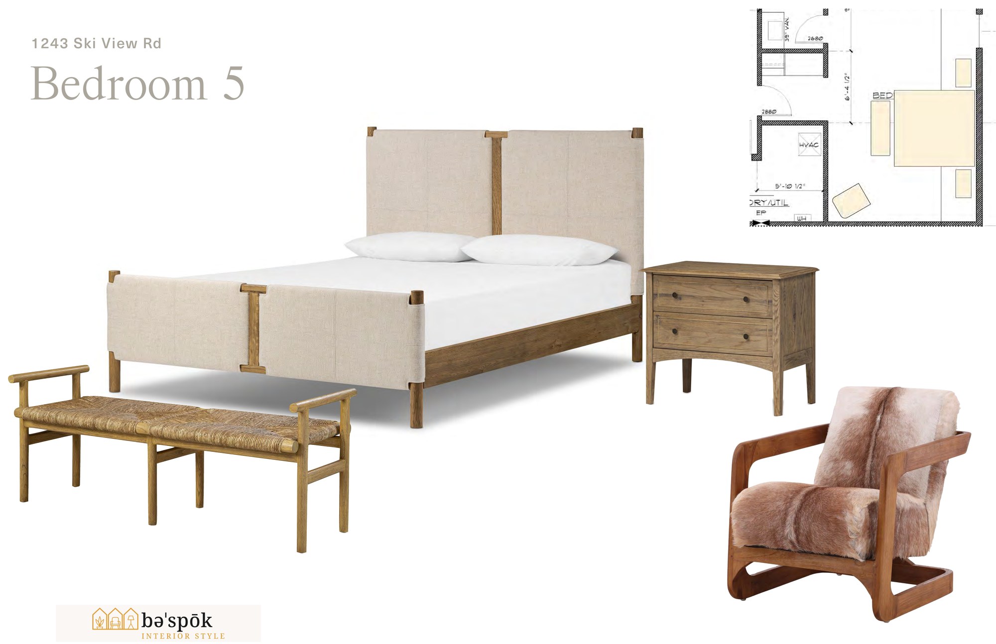 Selections board for bedroom 5, showing specified furniture pieces and the marked floor plan