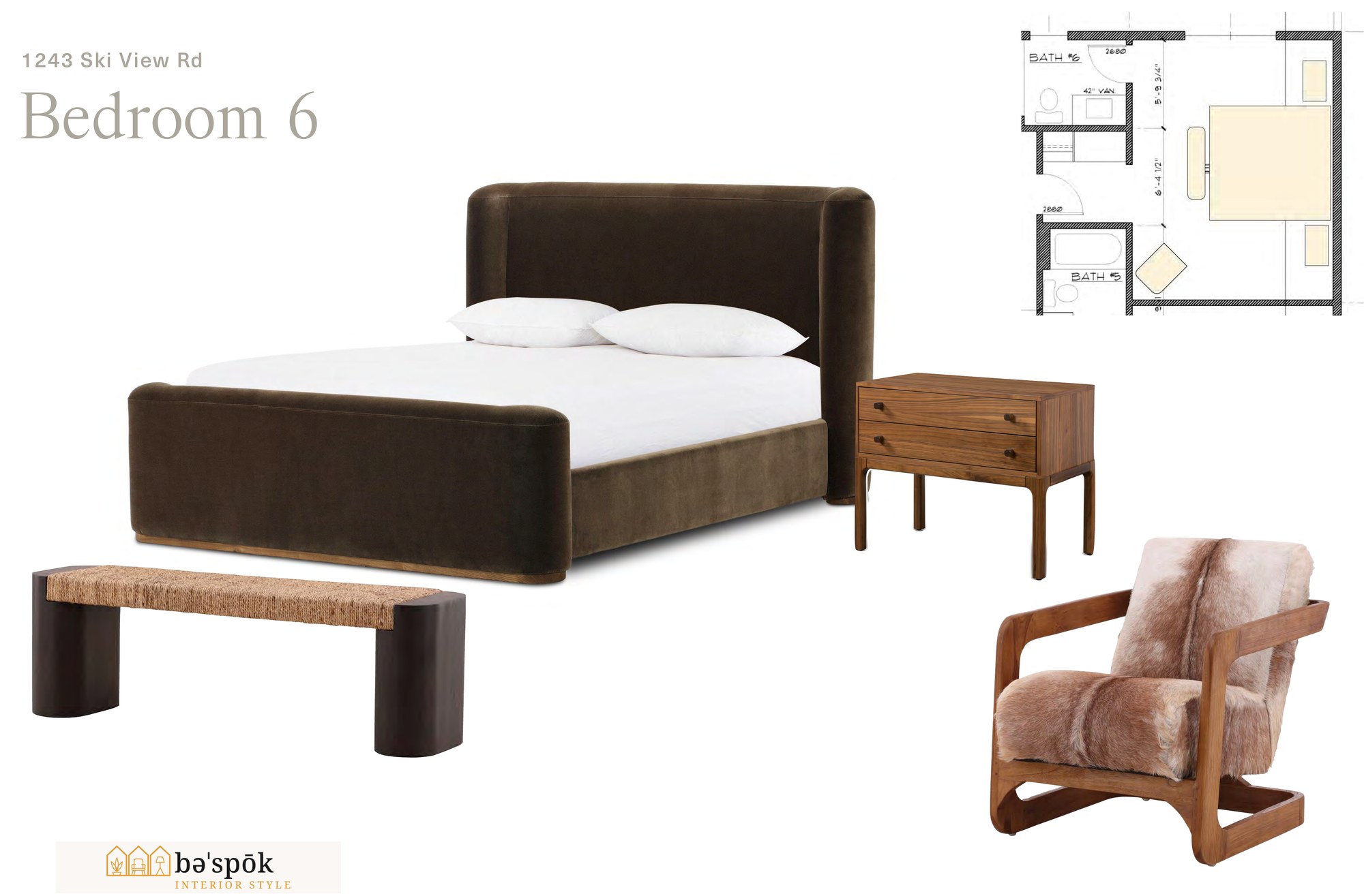 Selections board for bedroom 6, showing specified furniture pieces and the marked floor plan