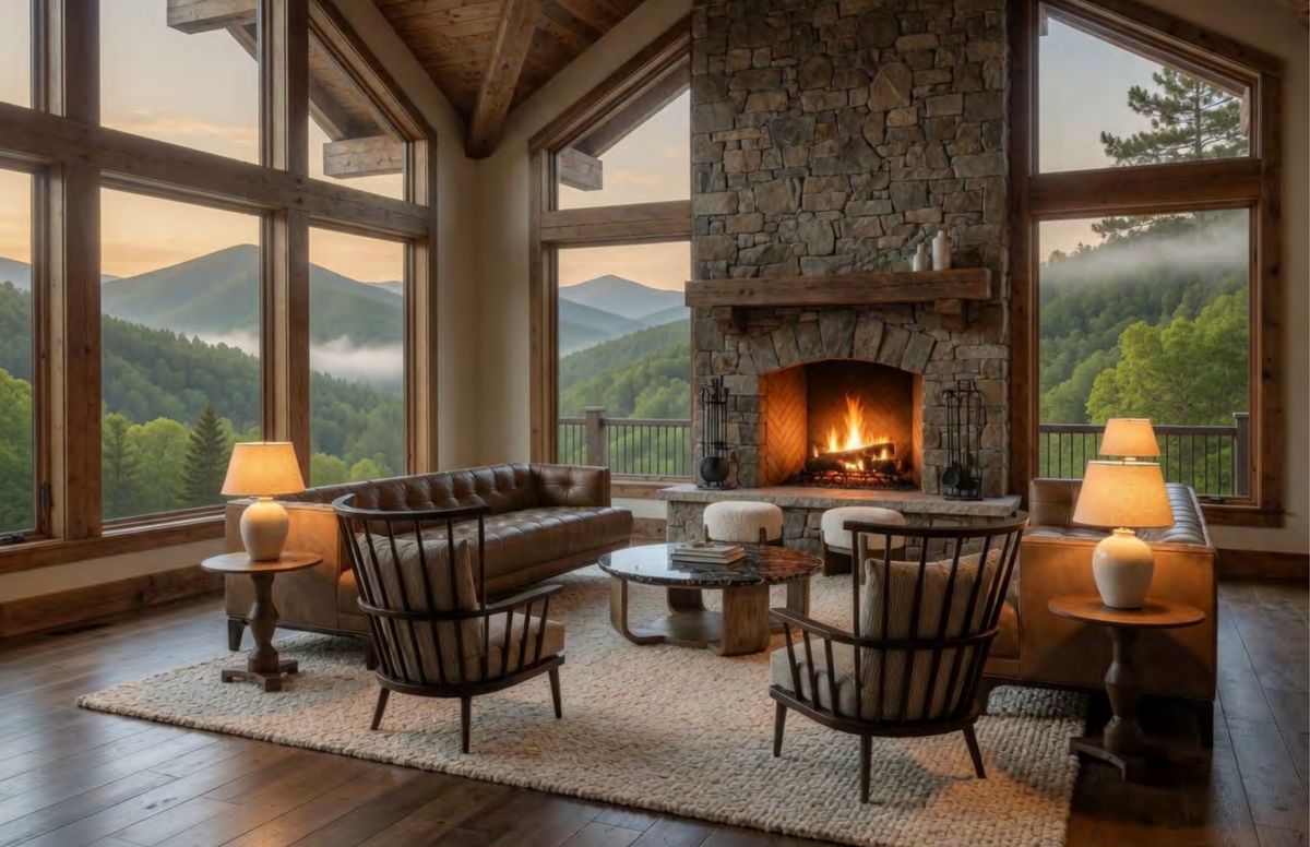 Specification visual for the great room living area at 1243 Ski View Road, showing a tufted leather sofa and spindle-back chairs before the stone hearth