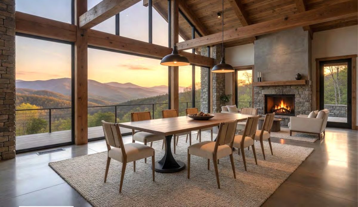Specification visual for the great room dining area at 1243 Ski View Road, showing a plank table on a blackened pedestal base beneath twin dome pendants