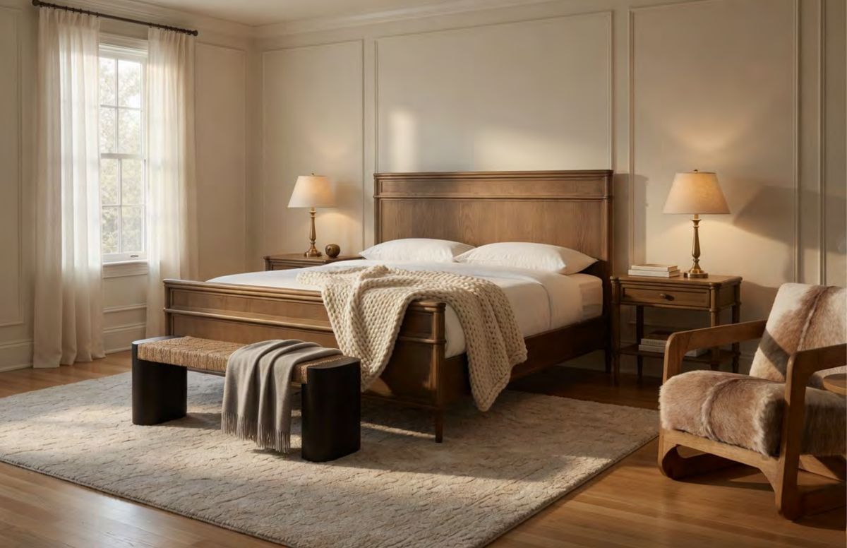 Specification visual for bedroom 1 at 1243 Ski View Road, showing a panel-front white oak bed with brass lamps and a shearling lounge chair