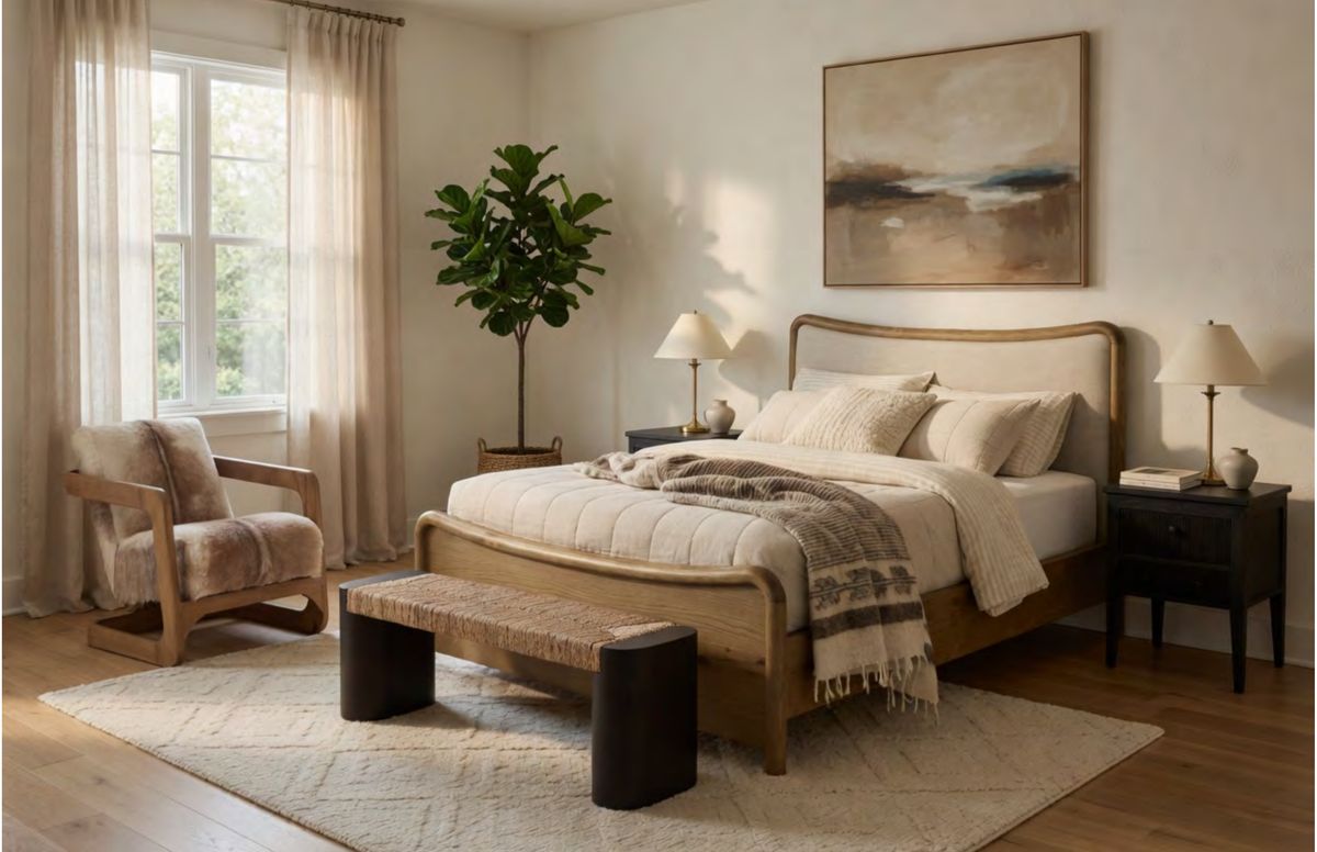 Specification visual for bedroom 2 at 1243 Ski View Road, showing an arched oak headboard, quilted coverlet and black nightstands