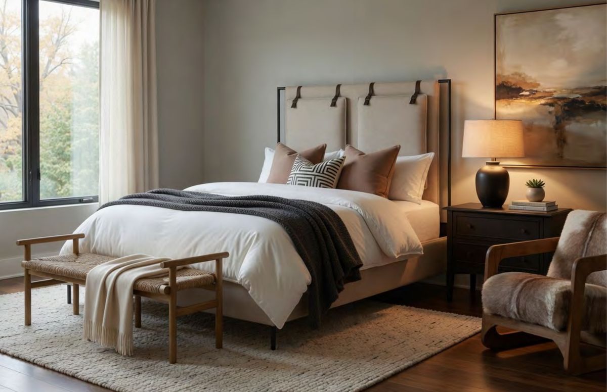 Specification visual for bedroom 3 at 1243 Ski View Road, showing an upholstered panel headboard hung from a blackened steel frame on leather straps
