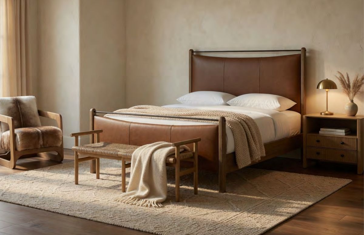 Specification visual for bedroom 4 at 1243 Ski View Road, showing a leather-wrapped bed frame with a waffle-knit blanket and brass task lamp