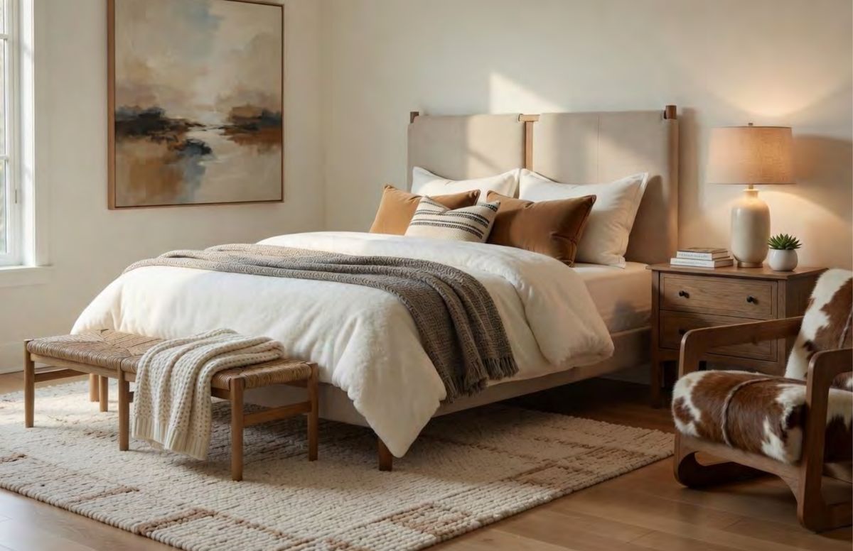 Specification visual for bedroom 5 at 1243 Ski View Road, showing a strap-detail upholstered headboard and a cowhide lounge chair set on the diagonal
