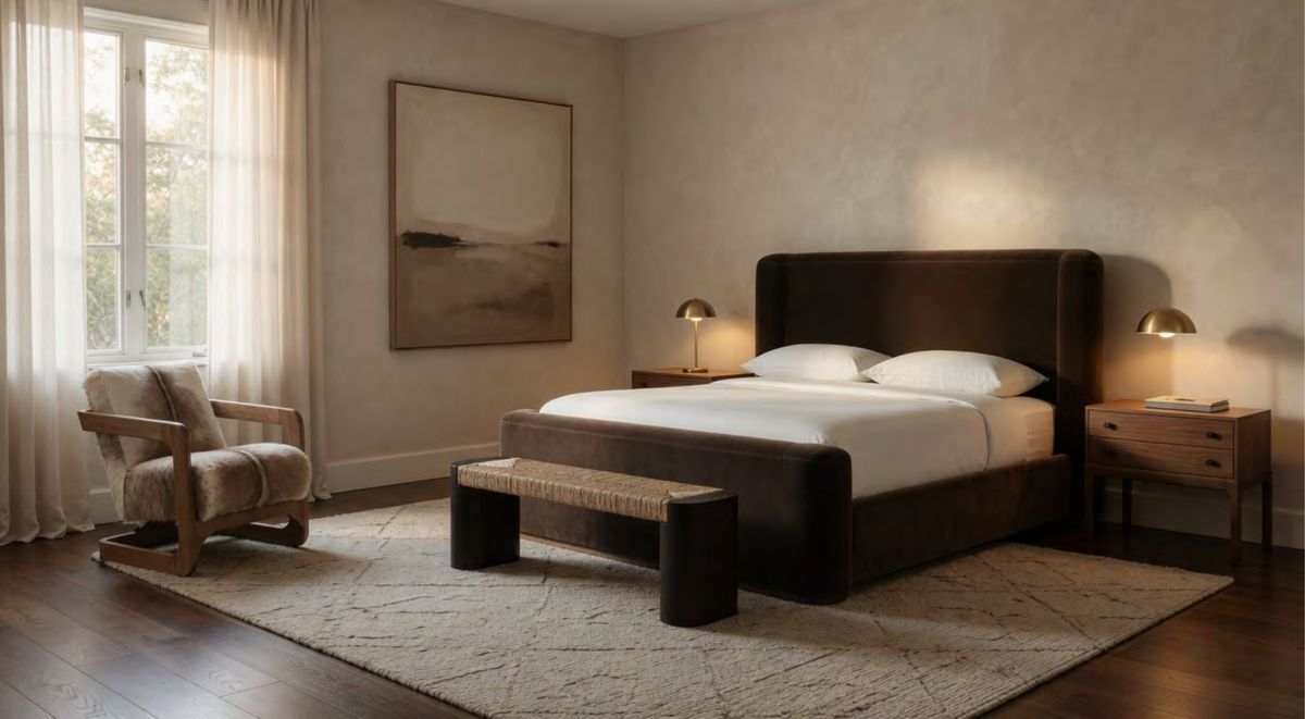 Specification visual for bedroom 6 at 1243 Ski View Road, showing a curved chocolate leather bed with brass lamps and oak nightstands
