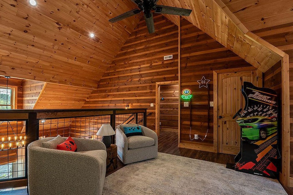 Seating cluster in the loft with the rail kept clear